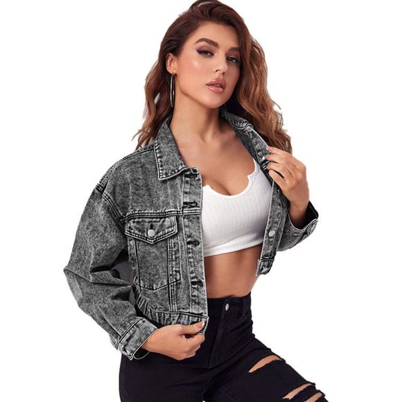Cali Chic Women's Denim Jacket Celebrity Snow Washed Black Drop Shoulder Crop - Picture 2 of 9